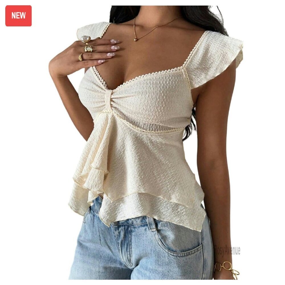 Textured Peplum Tank Top Sweetheart Neck Ruffle Hem Flowy Y2K Style